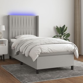 Cama box spring colchón y luces LED tela gris claro 90x200 cm