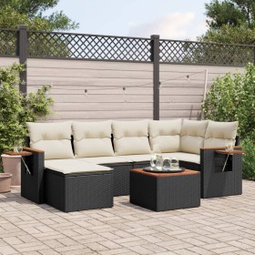 Set de comedor de jardín 7 pzas y cojines ratán sintético negro
