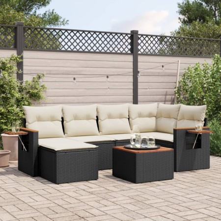 Set de comedor de jardín 7 pzas y cojines ratán sintético negro