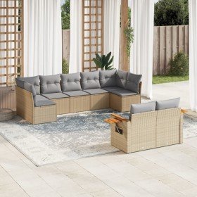 Set de sofás de jardín 9 pzas con cojines ratán sintético beige Set de sofás de jardín 9 pzas con cojines ratán sintético beige