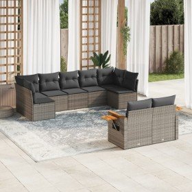 Set de muebles de jardín 9 pzas y cojines ratán sintético gris