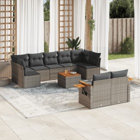 Set de sofás de jardín 10 pzas con cojines ratán sintético gris
