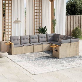 Set de sofás de jardín 9 pzas con cojines ratán sintético beige Set de sofás de jardín 9 pzas con cojines ratán sintético beige