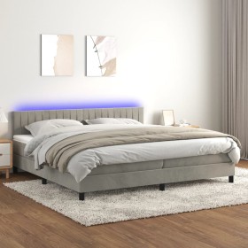 Cama box spring colchón y LED terciopelo gris claro 200x200 cm