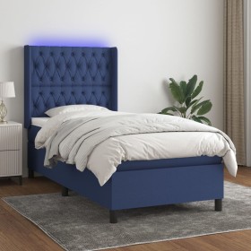 Cama box spring colchón y luces LED tela azul 90x200 cm