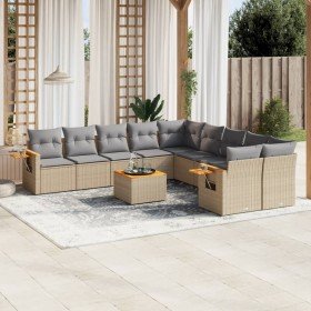 Set de sofás de jardín 11pzas con cojines ratán sintético beige