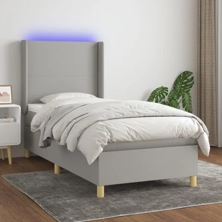 Box spring bed mattress and LED lights light gray fabric 90x190 cm by vidaXL, Beds and slatted bases - Ref: Foro24-3138677, P...