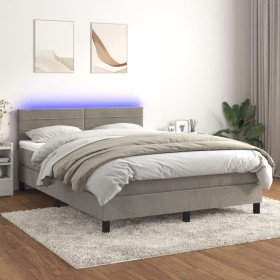Cama box spring colchón y LED terciopelo gris claro 140x200 cm