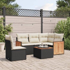 Set de sofás de jardín 6 piezas y cojines ratán sintético negro