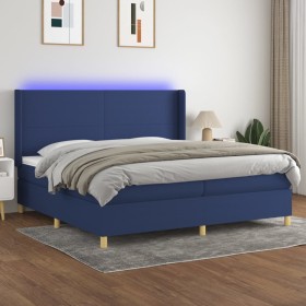 Cama box spring colchón y luces LED tela azul 200x200 cm