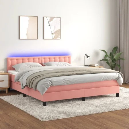 Box spring bed with mattress and LED pink velvet 160x200 cm by vidaXL, Beds and slatted bases - Ref: Foro24-3134656, Price: 4...