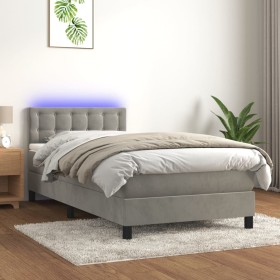 Cama box spring colchón y LED terciopelo gris claro 100x200 cm