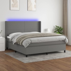 Cama box spring colchón y luces LED tela gris oscuro 180x200 cm