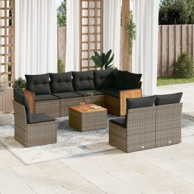 Set de muebles de jardín 9 pzas y cojines ratán sintético gris en Conjuntos de jardín | Comprar online en Foro24