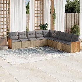 Set de sofás de jardín 9 pzas con cojines ratán sintético beige