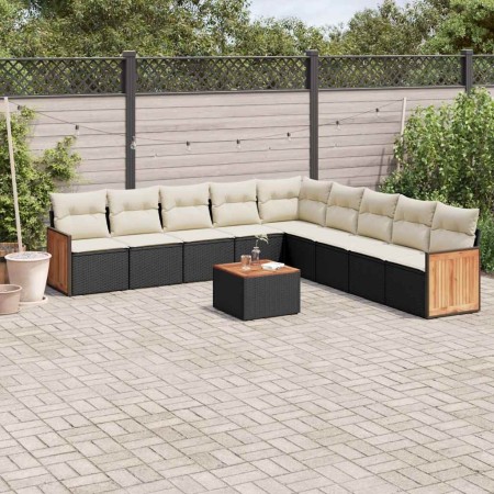 Set de sofás de jardín 10 pzas cojines ratán sintético negro