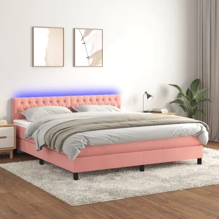 Box spring bed with mattress and LED pink velvet 160x200 cm by vidaXL, Beds and slatted bases - Ref: Foro24-3134596, Price: 4...
