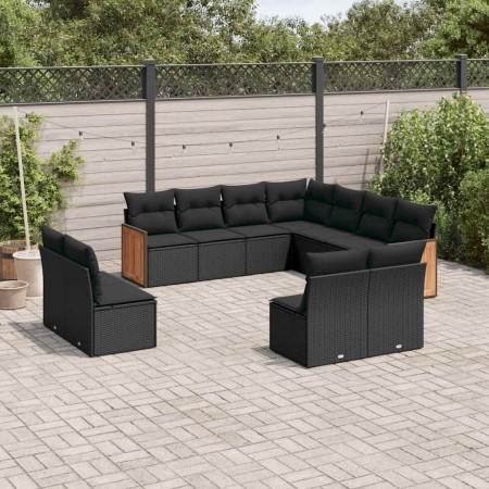 Set de sofás de jardín 11 pzas y cojines ratán sintético negro