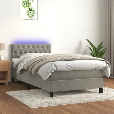Box spring bed with mattress and LED light gray velvet 90x200 cm by vidaXL, Beds and slatted bases - Ref: Foro24-3134561, Pri...
