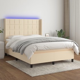 Cama box spring colchón y luces LED tela crema 140x200 cm