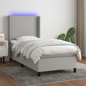 Cama box spring colchón y luces LED tela gris claro 80x200 cm