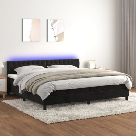 Cama box spring colchón y LED terciopelo negro 200x200 cm