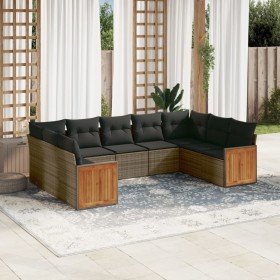Set de muebles de jardín 9 pzas y cojines ratán sintético gris