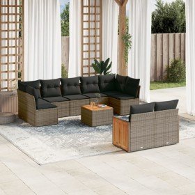Set de sofás de jardín 10 pzas con cojines ratán sintético gris en Conjuntos de jardín | Comprar online en Foro24