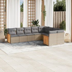 Set de sofás de jardín 9 pzas con cojines ratán sintético beige