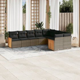 Set de muebles de jardín 9 pzas y cojines ratán sintético gris