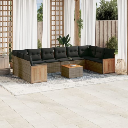 Set de sofás de jardín 11 pzas y cojines ratán sintético gris