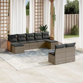 Set de muebles de jardín 9 pzas y cojines ratán sintético gris