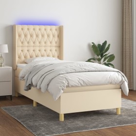 Cama box spring colchón y luces LED tela crema 100x200 cm