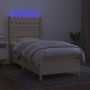 Cama box spring colchón y luces LED tela crema 100x200 cm