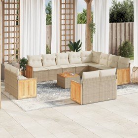 Set sofás de jardín con cojines 13 pzas ratán sintético beige
