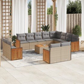 Set sofás de jardín con cojines 13 pzas ratán sintético beige
