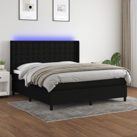 Cama box spring colchón y luces LED tela negro 180