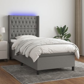 Cama box spring colchón y luces LED tela gris oscuro 90x200 cm