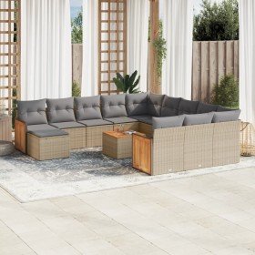 Set sofás de jardín con cojines 13 pzas ratán sintético beige