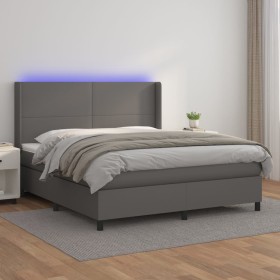 Cama box spring colchón y LED cuero sintético gris 180x200 cm