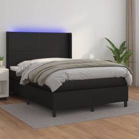 Cama box spring colchón y LED cuero sintético negro 140x200 cm