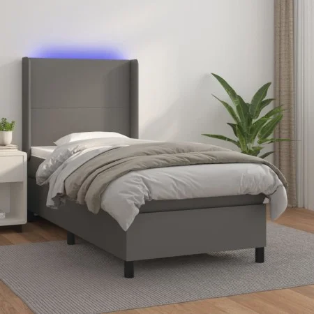 Box spring bed and LED mattress gray synthetic leather 90x190 cm by vidaXL, Beds and slatted bases - Ref: Foro24-3139239, Pri...