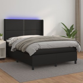 Cama box spring colchón y LED cuero sintético negro 140x200 cm