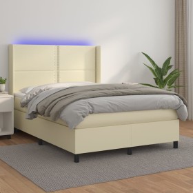 Cama box spring colchón y LED cuero sintético crema 140x200 cm