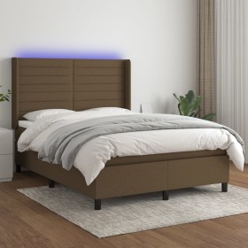 Cama box spring colchón luces LED tela marrón oscuro 140x200cm