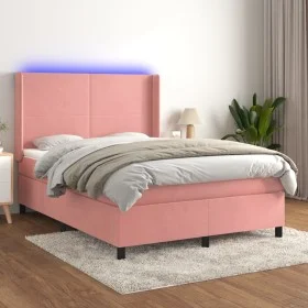 Box spring bed with mattress and LED pink velvet 140x200 cm by vidaXL, Beds and slatted bases - Ref: Foro24-3139450, Price: 4...