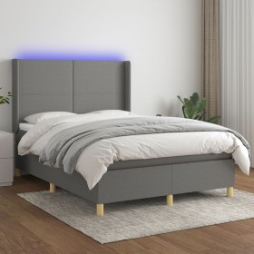 Cama box spring colchón y luces LED tela gris oscuro 140x190 cm