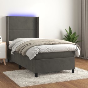 Cama box spring colchón y LED terciopelo gris oscuro 100x200 cm