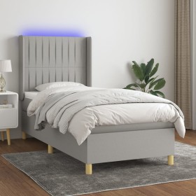 Cama box spring colchón y luces LED tela gris claro 90x190 cm
