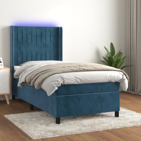 Cama box spring colchón y LED terciopelo azul oscuro 90x200 cm